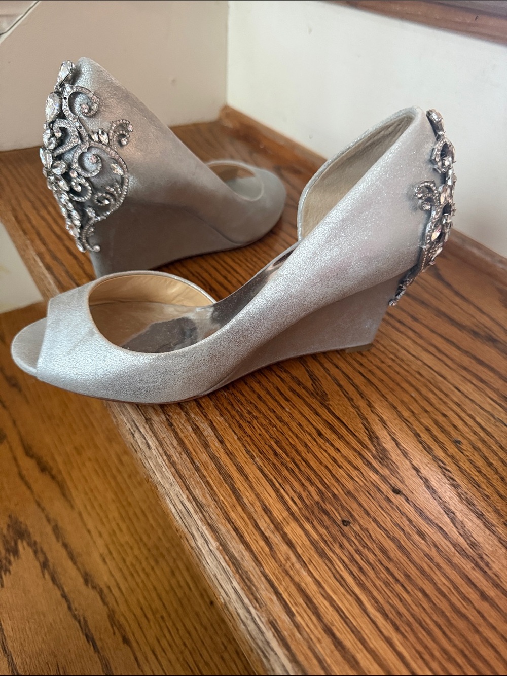 Badgley Mischka Silver Crystal-Embellished Peep-Toe Wedges